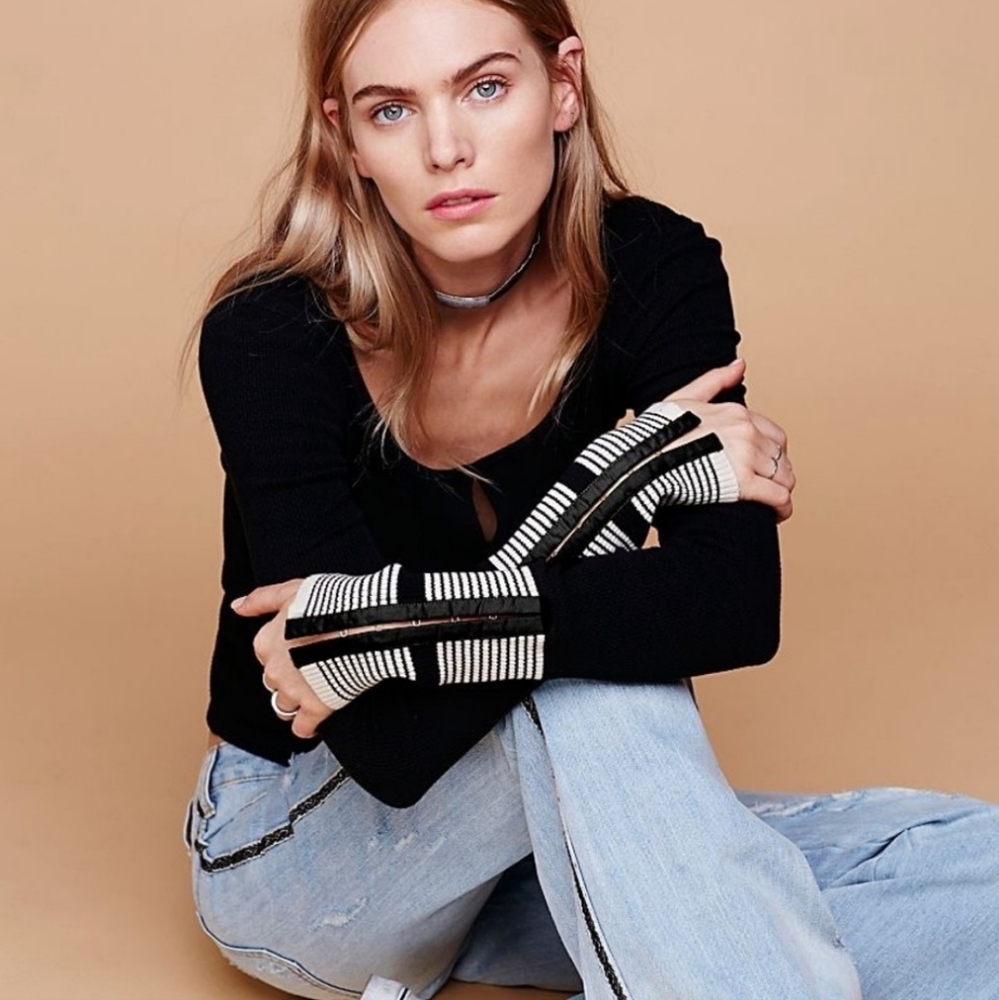 Black Free People 'Mod' Stripe Cuff Ribbed Tee Top